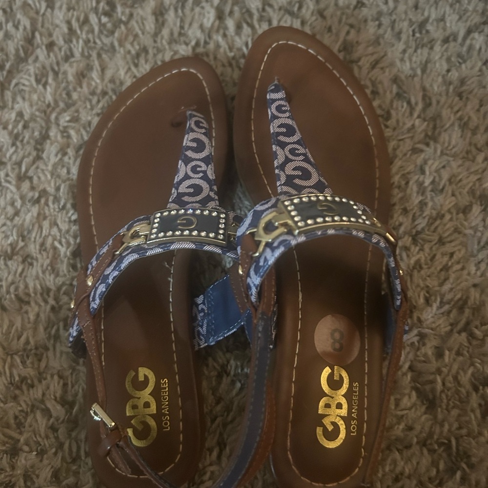 GBG Los Angeles Brown Sandals with Blue Patterned Straps